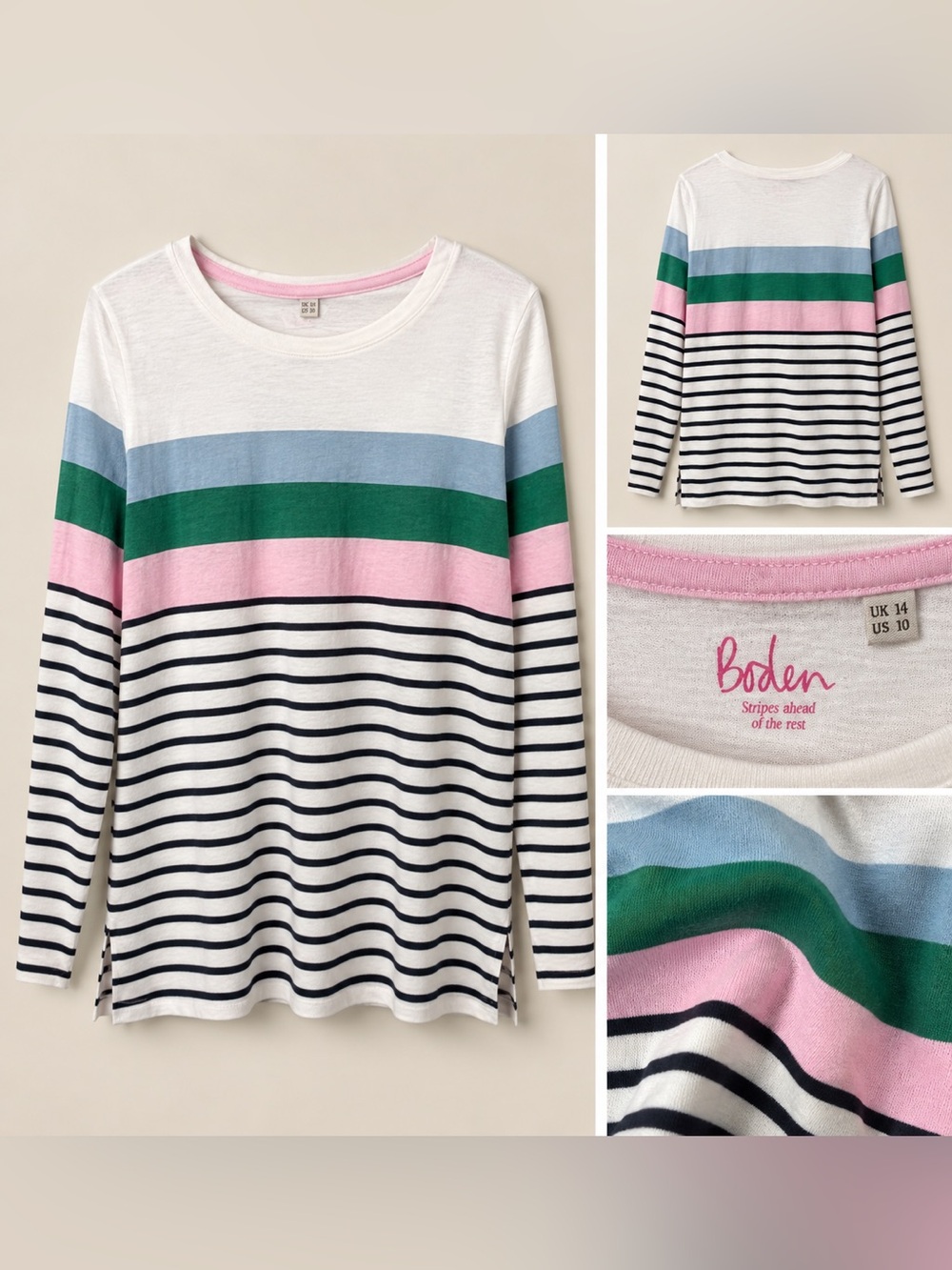 Boden White Long-Sleeve Stripe Top with Pink, Green & Blue